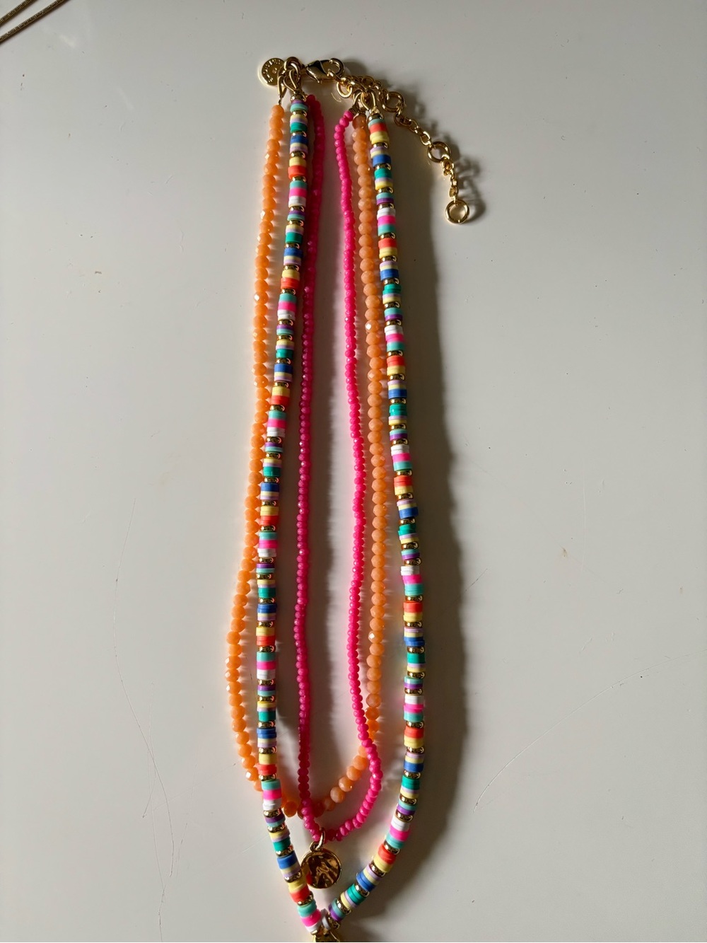 Colorful 3 Strand Beaded Necklace Rainbow Heishi Gold Tone Layered Boho Beach - Picture 4 of 5